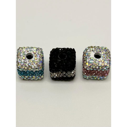 Striped Cube Clay Beads with Rhinestones, 14mm