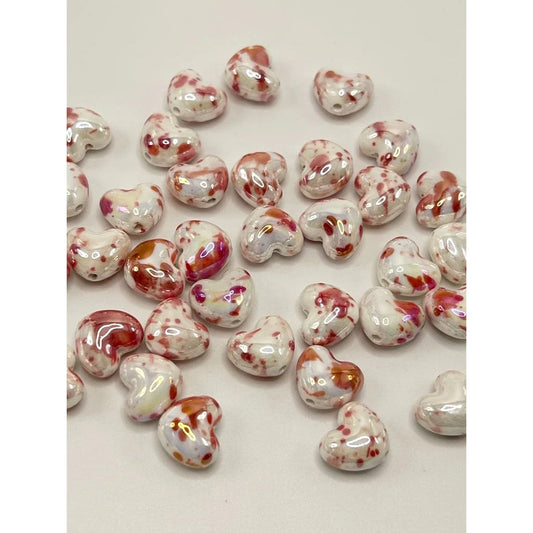 Ceramic Beads, Porcelain White Heart with Red Spots Blood Splatter Spatter, 15mm by 17mm