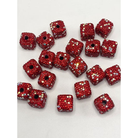 Red Cube Clay Beads with Silver & Red Rhinestones 14mm