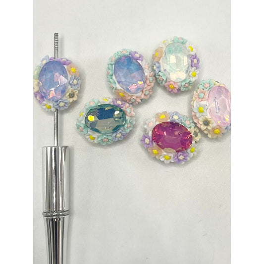 Oval Shaped Clay Beads with Pink Rhinestones and Colorful Flowers, YY