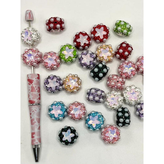 Round Clay Beads with Fancy Star Rhinestones and Flat Back Pearls, Random Mix, FW