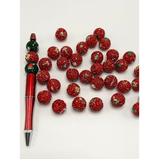 Christmas Red Color Clay Beads with Rhinestone, Tree, Santa Claus, 16mm
