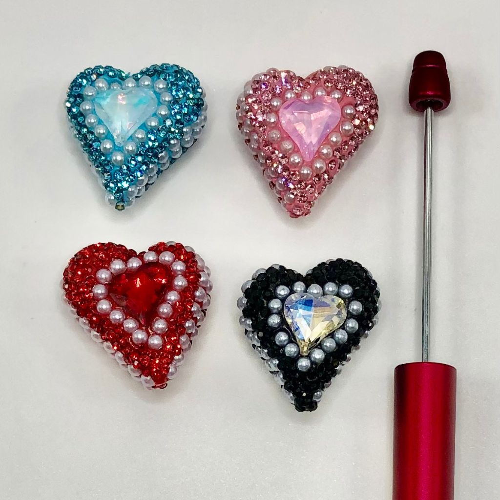 Heart Shape Clay Beads with Rhinestones and Pearls Random Mix